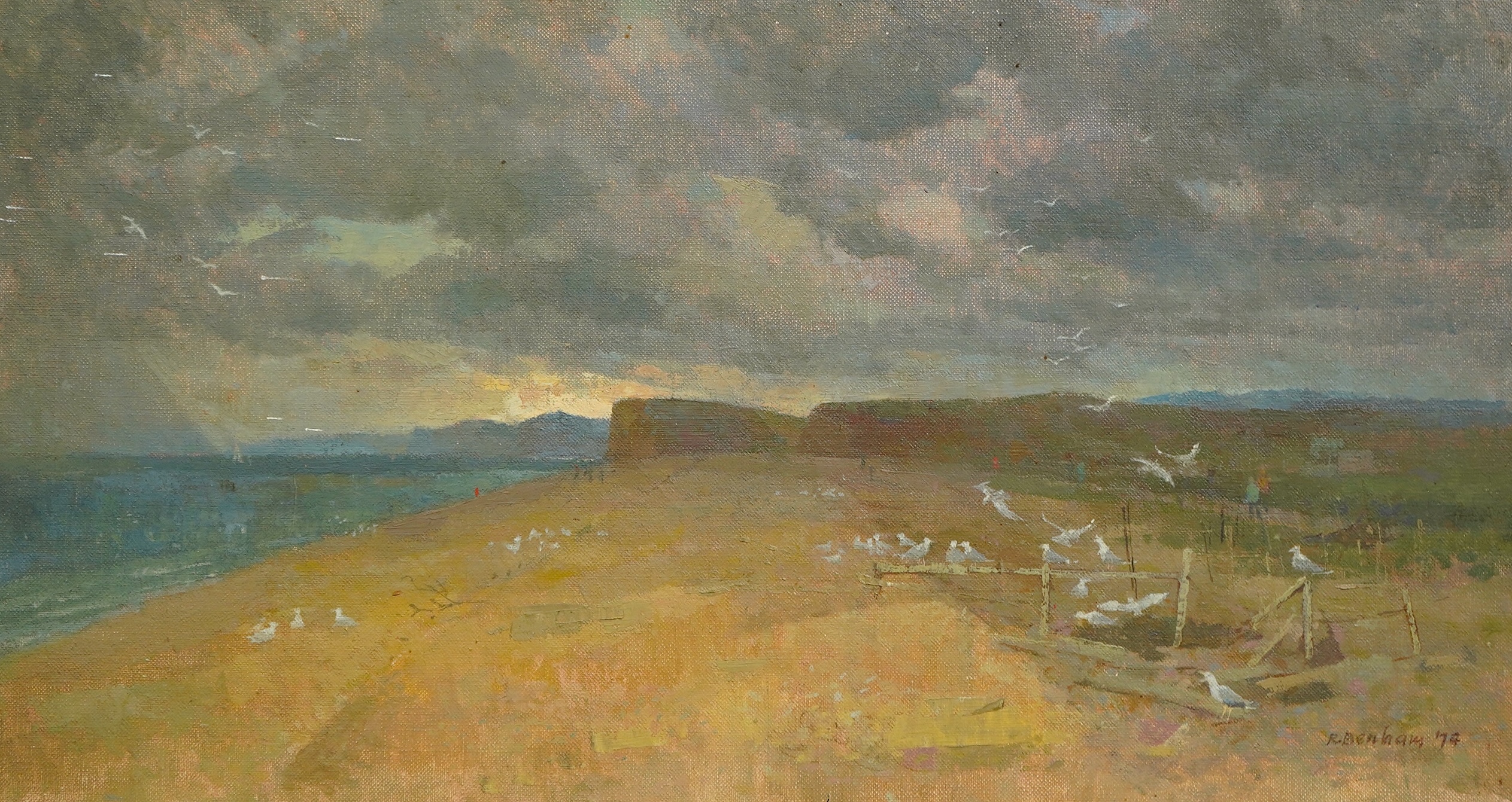 Ronald Benham RBA, NEAC (1915-1993), oil on canvas, End of the Chesil Bank, signed and dated '74, 30 x 55cm. Condition - fair to good